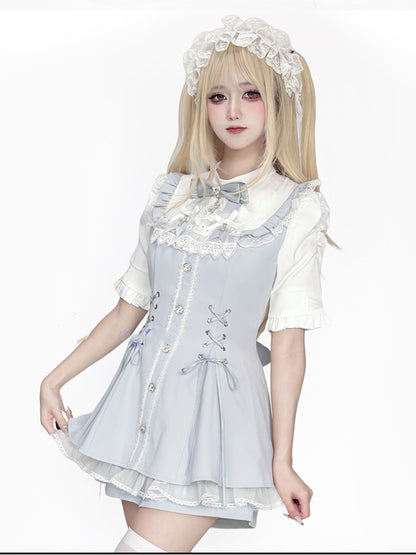 Tie a Shorts Gothic Jirai Featuring Set Blue Bib Light Lace-Up Dress Bow Details Kei