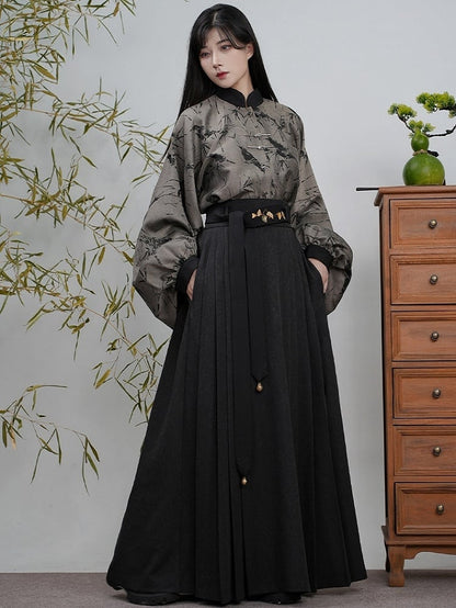 Banded Unisex with Blouse Sleeves Bamboo Pipa Grey Print Style Chinese Collar -