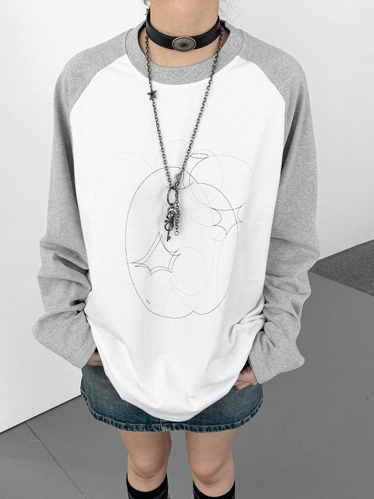 Round Top Unisex White Colorblock Design Pattern Daily Kawaii Apple in Neck Gray with