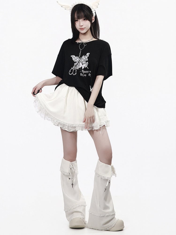 Black Butterfly Round Neck Top with Lace & Ribbon - PINK SAVIOR