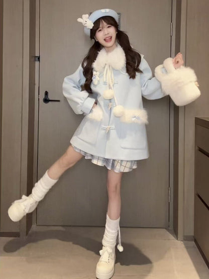 Faux Sweet Lolita Trim and Accents Coat Fur Blue Pom-Pom with Winter