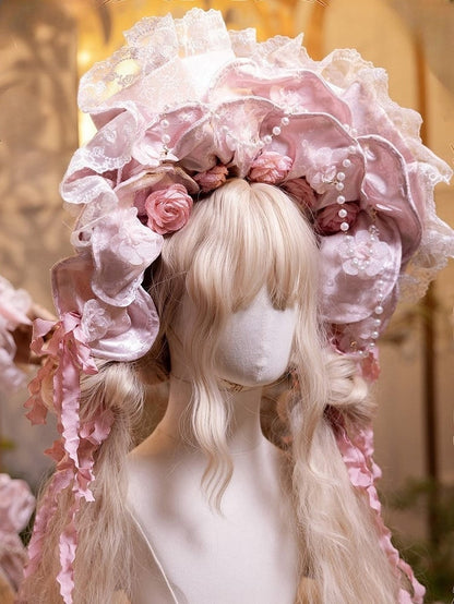 Bead Trim Lace Light Chains and with Pink/Rose Pink Flower Bonnet Lolita