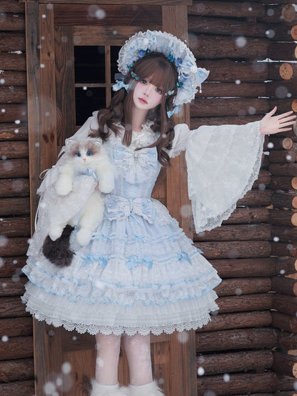 Jumper with Layered Blue Hime Bows Detachable Dress Lolita Hanayome Skirt