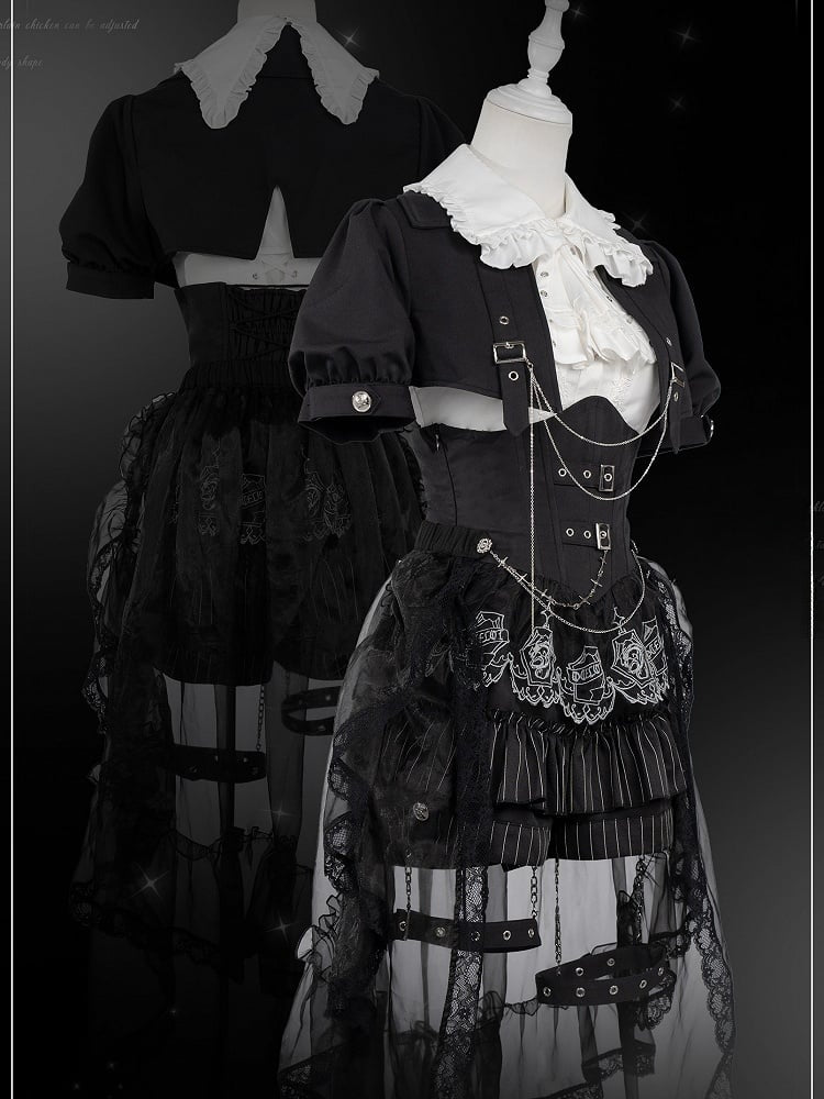 Black and White Prince Ouji Lolita Outfit - White Sleeveless Shirt + Black Cropped Top + Hiigh Waist Blommer Shorts Full Set