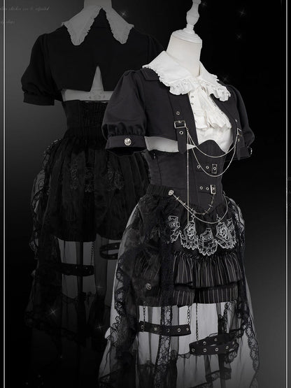 Black and White Prince Ouji Lolita Outfit - White Sleeveless Shirt + Black Cropped Top + Hiigh Waist Blommer Shorts Full Set