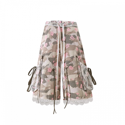 詳細 カモフラージュ柄 ドローストリングウエスト 蝶結び レーストリム ワイドレッグ