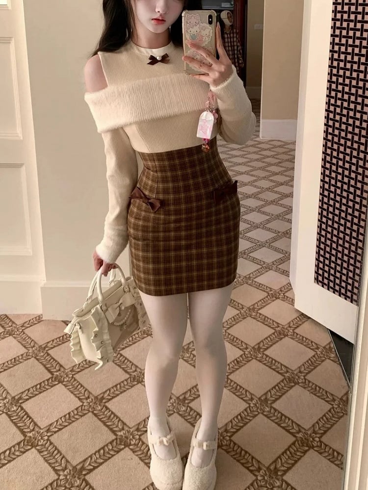 Dress Two-Piece Plaid Panel Brown Knit Open with Beige Faux Design Shoulder