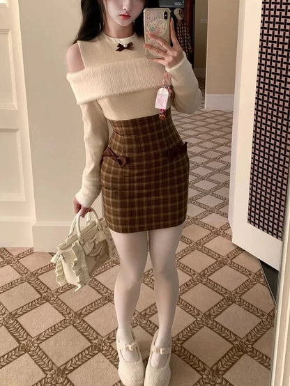 Dress Two-Piece Plaid Panel Brown Knit Open with Beige Faux Design Shoulder