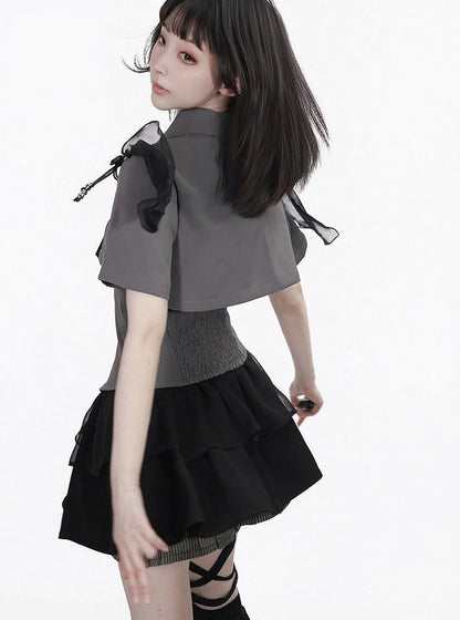 Gray Cropped Shirt with Leather Knot & Cami Set - PINK SAVIOR