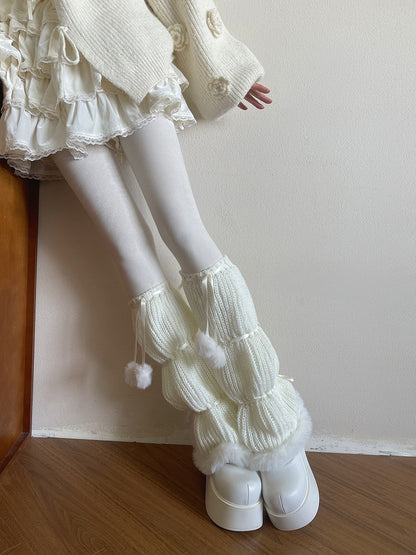 Ribbon Knitted Pom-Pom White/Black Plush-Trimmed Decorations and with Warmers Leg