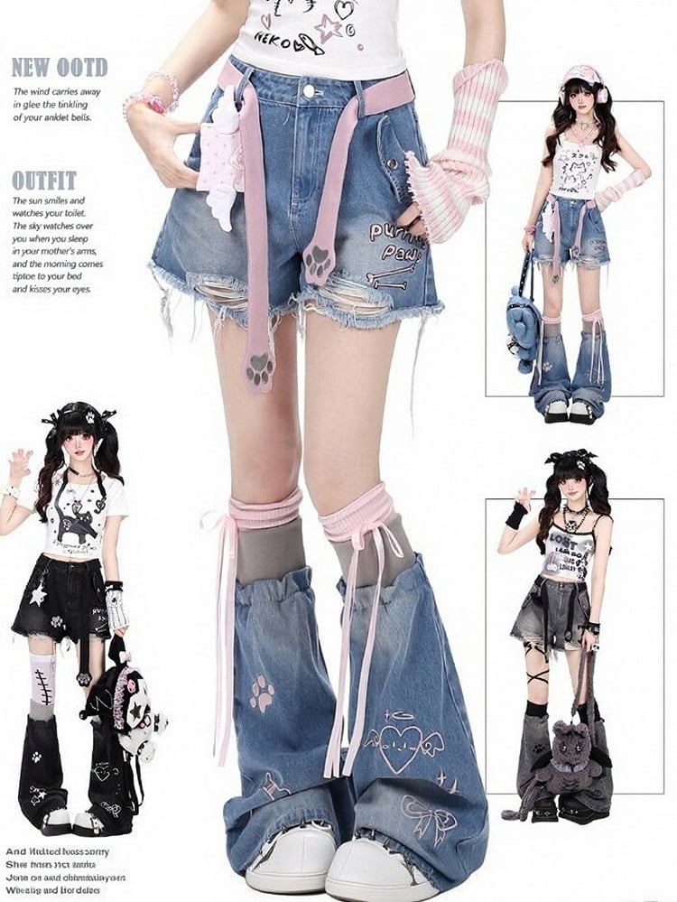 Black Distressed Denim Set with Cat Paw Belt - CRAZY GIRL