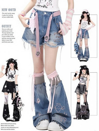 Black Distressed Denim Set with Cat Paw Belt - CRAZY GIRL