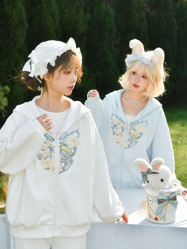 Blue/White Alice in Wonderland Embroidered Zip Closure Hoodie
