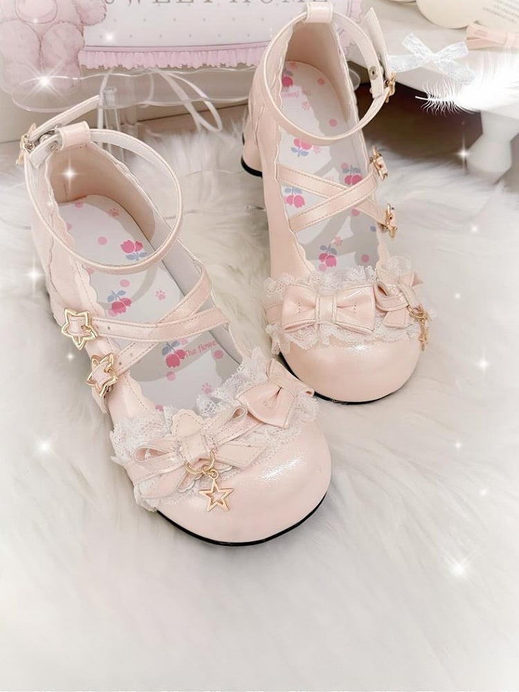 Sweet Janes Mary Lace Lolita PU with Trim in Leather Beige Mid-heel