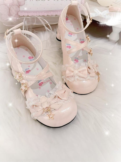 Sweet Janes Mary Lace Lolita PU with Trim in Leather Beige Mid-heel