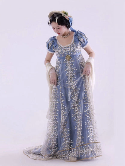 Blaues, elegantes Lolita-Maxikleid mit Empire-Taille und Blumenmuster, bodenlange Version