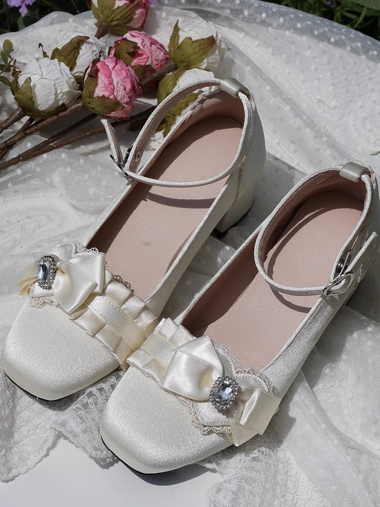 Bow Trim Mary Satin Ruffle Elegant Janes with Toe Off-white Mid Heel Crystal Square - Lolita