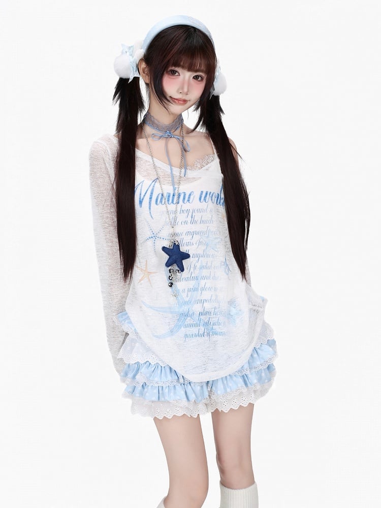 Sweet White Asymmetric Shoulder Lightweight Long Sleeve Top with Starfish & Letter Print - CRAZY GIRL