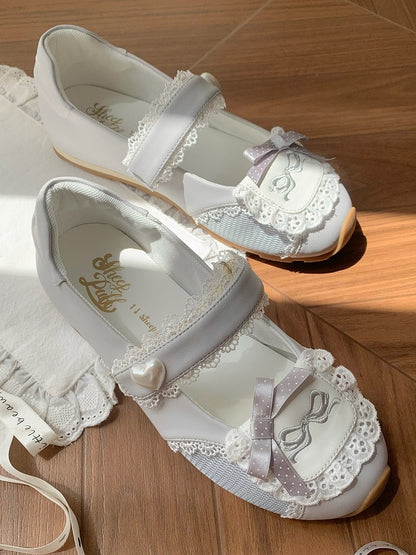 Sneakers Flat with Sweet Bow Lace Edging Gray Decorative Lolita - Velcro Fastening Style