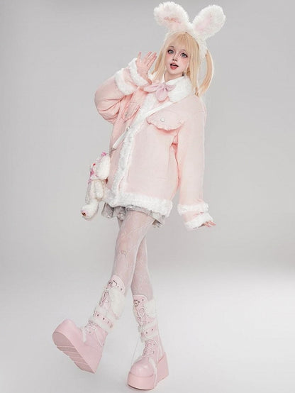 Dicke Jacke mit Polokragen und Plüschbesatz in Rosa/Kamel