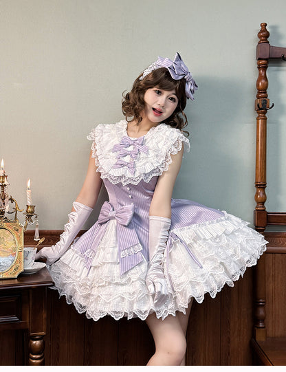 Dress Slim Sleeveless Striped Waist Purple Lolita Fabric Sweet Ruffle White Layered Neck Fit