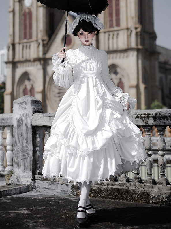 Gothic Ruffled with Versatile Hem Dress Lolita White Drawstring Velvet