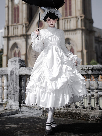 Gothic Ruffled with Versatile Hem Dress Lolita White Drawstring Velvet