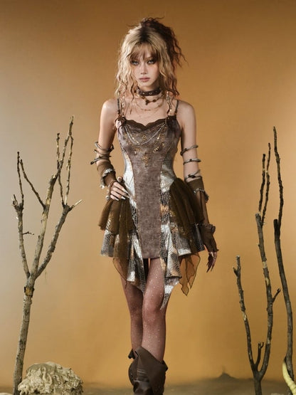 Contrast Pattern Patches Top Hem Lace Asymmetrical Wasteland Brown Cami Punk Snakeskin