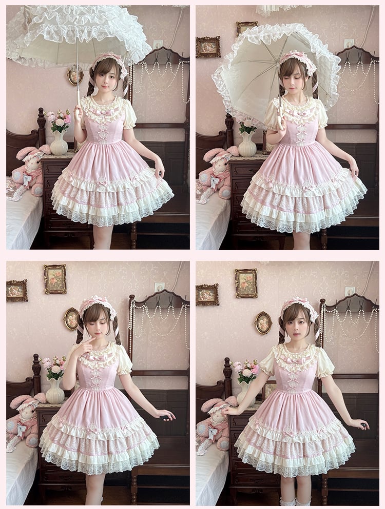 Sweet Lolita Dress Puff Sleeves Bowknot Light Details Pink OP Tiered Lace Trim