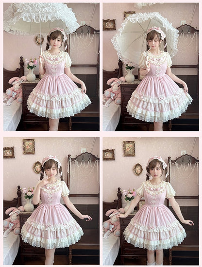 Sweet Lolita Dress Puff Sleeves Bowknot Light Details Pink OP Tiered Lace Trim