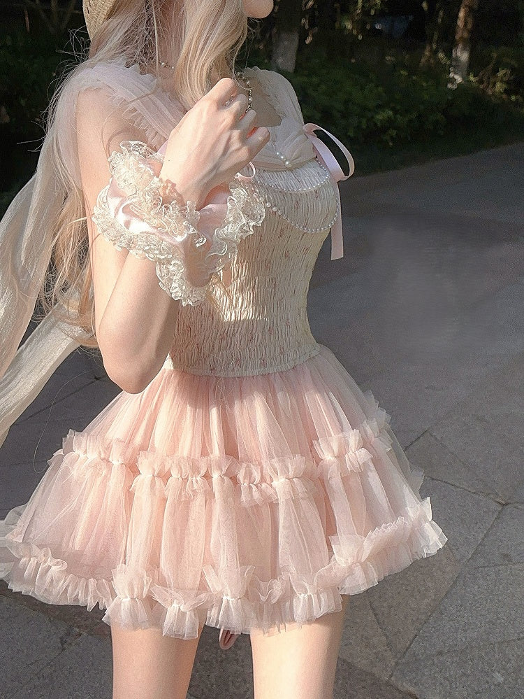 Slip Ribbon Tiered Mesh mit Perlen Akzente Abnehmbare Kette Kleid Rosa