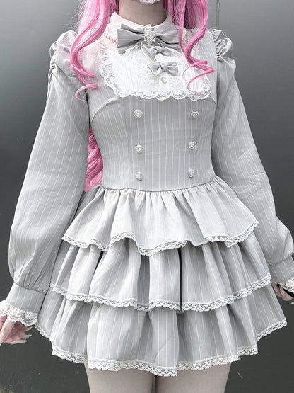 Gray Striped Ryousangata Two-Piece Set with Tiered Ruffle Dress, Bows, Lace & Bloomers - Virtual Paradise