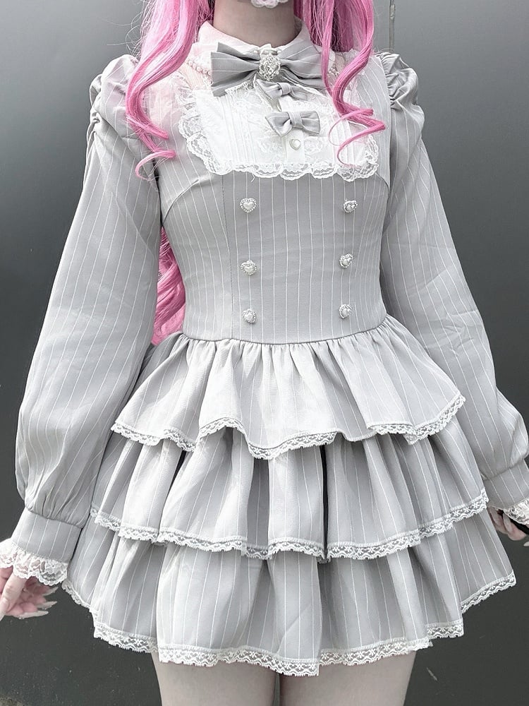 Gray Striped Ryousangata Two-Piece Set with Tiered Ruffle Dress, Bows, Lace & Bloomers - Virtual Paradise