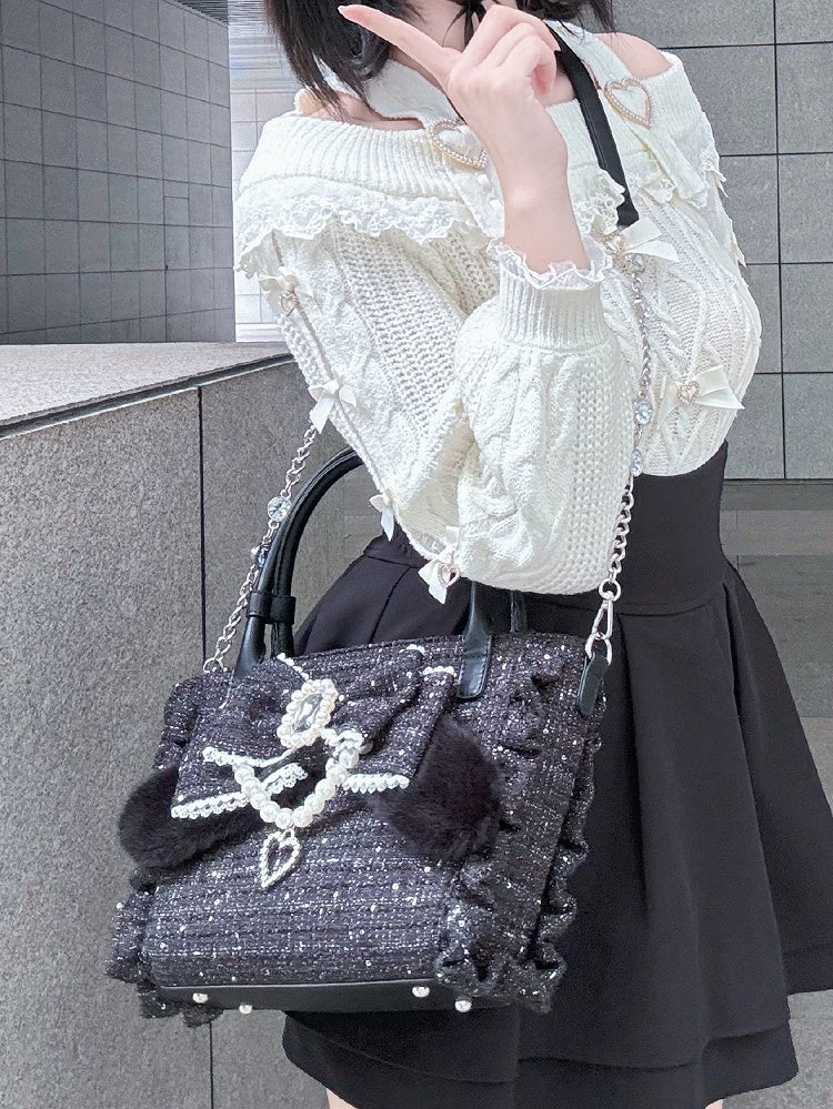 Embellishment Bunny Bow - Beaded Plush Elegant Black with Detachable Rhinestone Chain Decor Lolita Ruffled-Edge Bag Ear