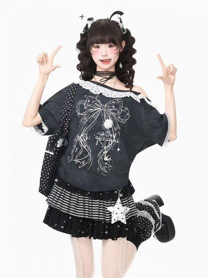 Black Asymmetrical Shoulder Short Sleeve T-Shirt with Bow Print & Lace Trim - Languid Park