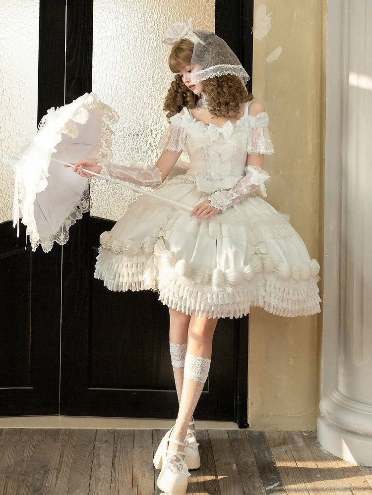 KC Lolita Full Dress Choker Mini Off Hat Cuffs Set + Shoulder Wrist Veil Hime White