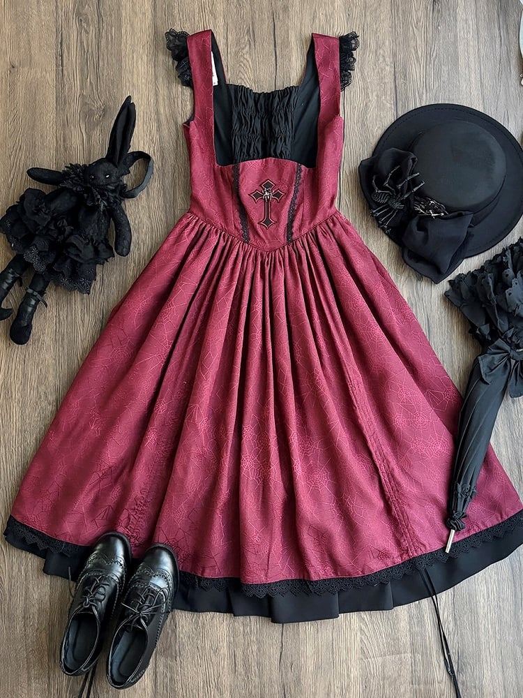 Waist Lolita Gothic Straps Drawstring Cross JSK Basque Dress and Red Shoulder Embroidery with Lace-Trimmed