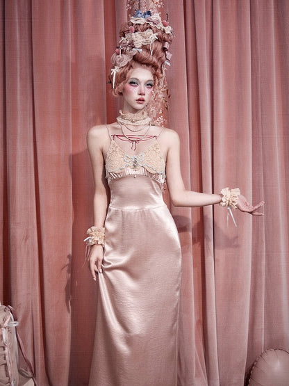 Rococo Pink Lace Satin Slip Dress with Padded Cups - Blood Supply