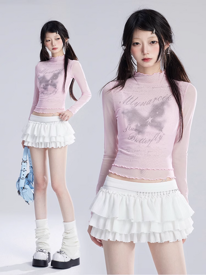 ベージュのローバレエコアウエストミニティアードスカート