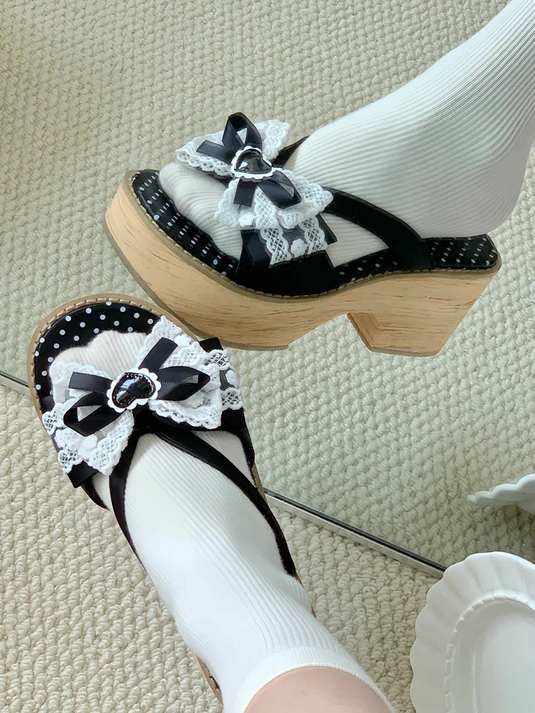 Bow Wa Heart Schwarz Weiß Applikation Lolita Bequeme Spitzenpantoffeln - Beschnitten