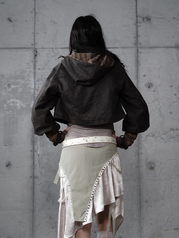 Dark Vintage Knit Jacket Hoodie with Green Paneling Suede