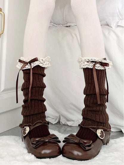 Coffee Trim Style) with Accents (Elegant Sweet Warmers Lace Ribbed Leg Satin Bow