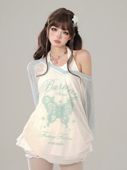 Set Green V-Neck Long Sleeve with White Halter Neck Tank Butterfly  Letter Print Sheer Mint