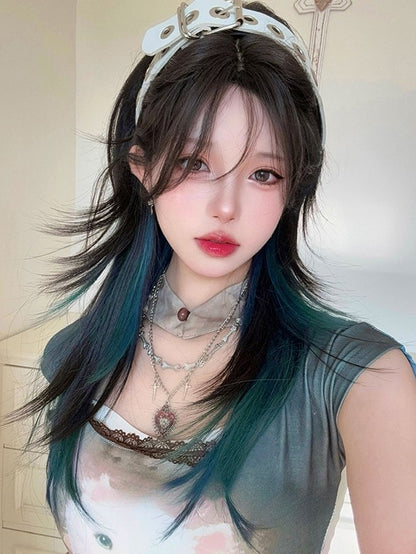 Pony Vorhang Perücke Büste gerade mit unter braun-grün Länge Ombre 63CM