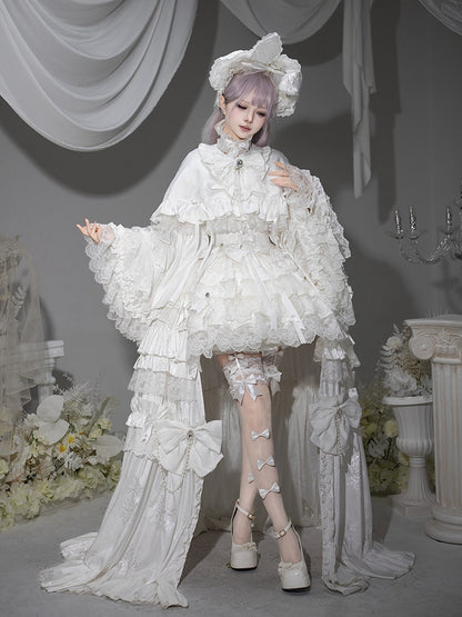 White Bow Fabric Lolita Ruffled Cape - signorina