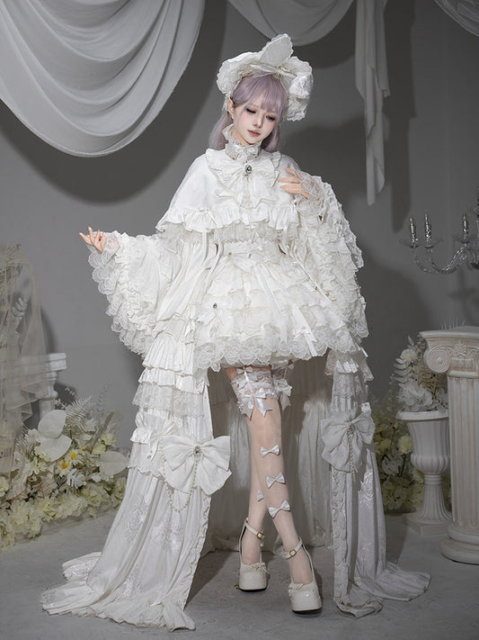 White Bow Fabric Lolita Ruffled Cape - signorina