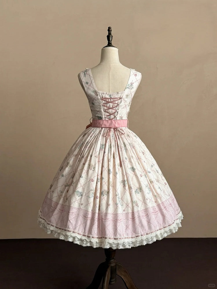 Sweet Lolita JSK Dress Set in Pink with Kawaii Bear Print and Self-Tie Belt - Treasure House