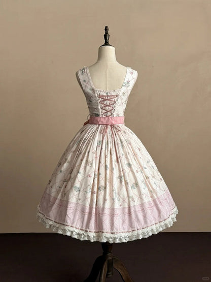 Sweet Lolita JSK Dress Set in Pink with Kawaii Bear Print and Self-Tie Belt - Treasure House