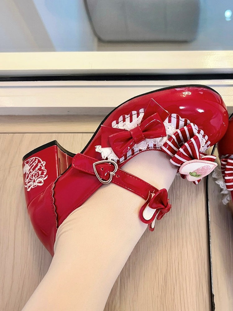 Wine Red Bunny Themed Sweet Lolita Mid-heel Mary Janes with Striped Bow, Bunny Ear Accents & Heart Snap Closure