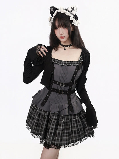 Black Cropped Cardigan with Flared Sleeves and Chain Detailing - PINK SAVIOR